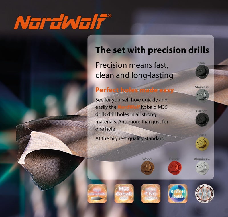 NordWolf 5-Piece M35 Cobalt Stubby Drill Bit Set for Stainless Steel & Hard Metals  with 1/4"" Hex Shank for Quick Chucks & Impact Drivers  SAE Sizes 5/32""-13/64""-9/32""-11/32""-3/8"" in Storage Case - Image 4